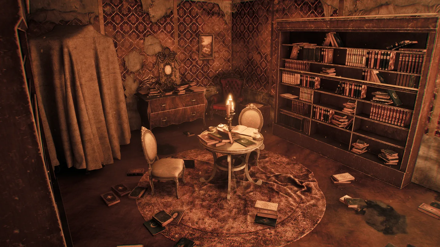 A candlelit library filled with books and clues